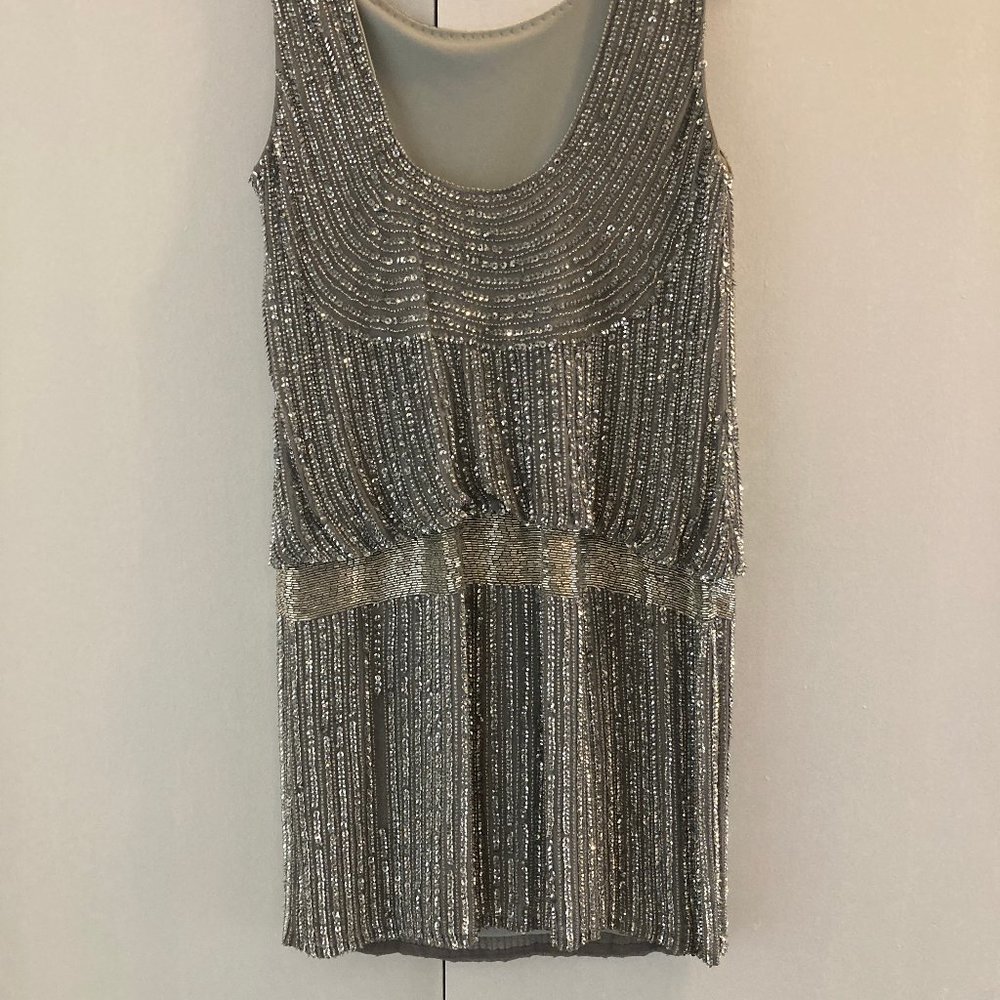 Adrienne Papell Silver Beaded Sequin 1920s Inspired Cocktail Dress Sz 4 - Picture 7 of 12